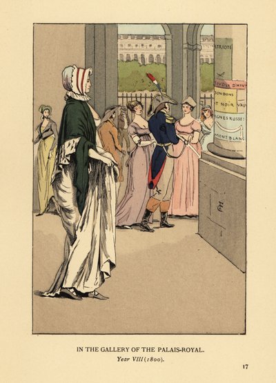 Donna alla moda che passeggia nella galleria del Palais Royal, Parigi, Anno VIII da François Courboin