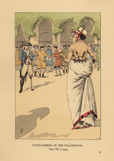 Donna alla moda con un gruppo di speculatori, Parigi. Un soldato rivoluzionario con una gamba sola fa la guardia. Speculazione al Palais Royal, Anno VII da François Courboin