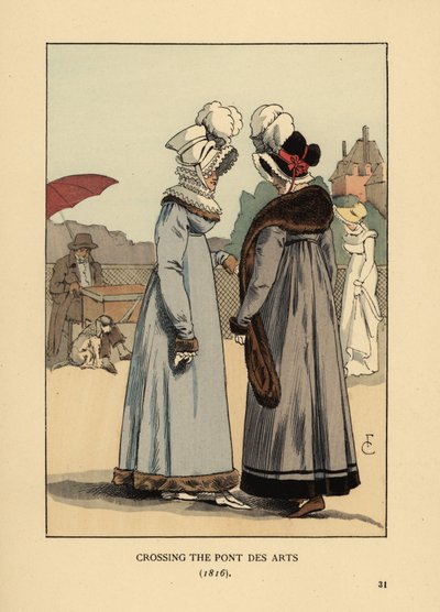 Donne alla moda con cappelli piumati, colletti di pizzo e abiti bordati di pelliccia. Attraversando il Pont des Arts, Parigi da François Courboin