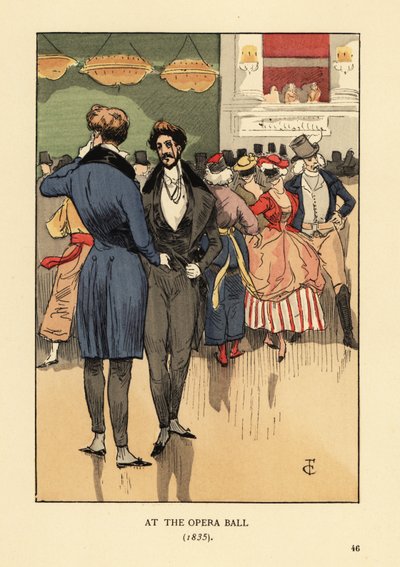 Dandy in cappotto con code, gilet, pantaloni stretti e calze bianche. Persone in costume e maschere dietro di loro. Al Ballo dell
