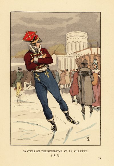 Lanciere e gentiluomini pattinano sul ghiaccio al Bassin de la Villette, Parigi da François Courboin