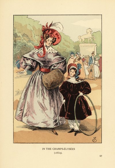 Donna e bambino con cerchio che giocano nel parco. Nei Champs Elysees da François Courboin
