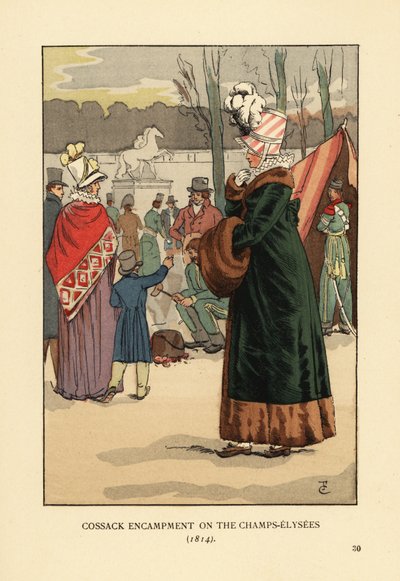 Donna in cappotto foderato di pelliccia con manicotto di pelliccia che visita il bivacco dei cosacchi tartari e calmucchi a Parigi dopo la caduta di Napoleone da François Courboin