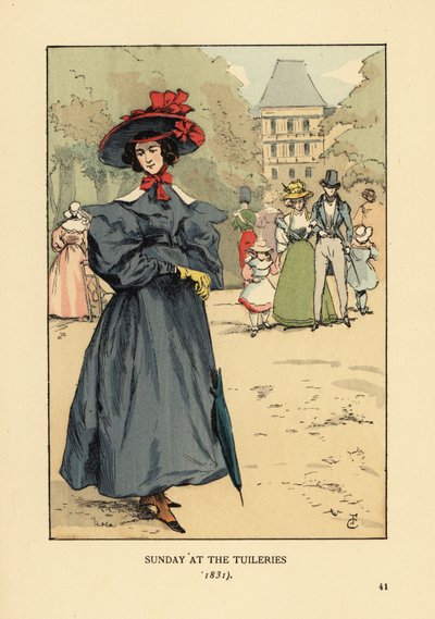 Donna che passeggia in abito della domenica nel parco. Indossa un cappello a tesa larga, un vestito con maniche ampie, stivaletti alla caviglia e porta un parasole. Domenica ai Giardini delle Tuileries da François Courboin