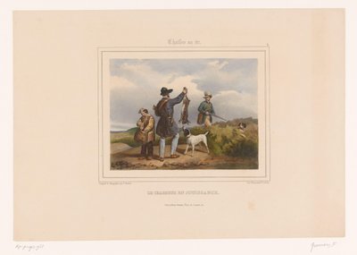 Cacciatore mostra la sua lepre abbattuta a un altro cacciatore da François Grenier