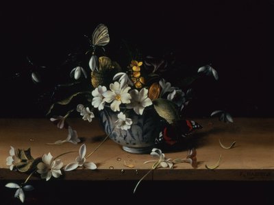 Fiori in una ciotola di porcellana cinese blu e bianca con una farfalla ammiraglio rosso su una mensola di legno da François Habert
