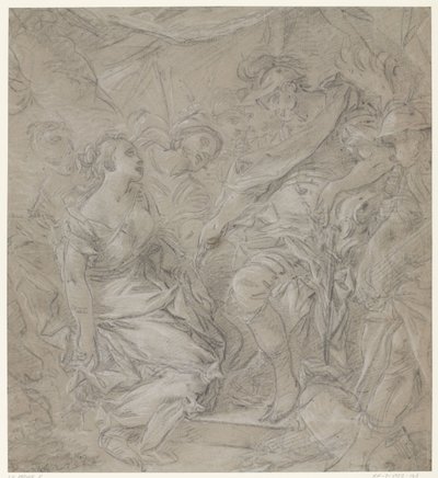 Giovane donna inginocchiata davanti a un condottiero nella sua tenda (Scipione?) da François Le Moine (manner of)