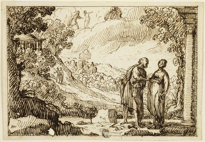 Scena mitologica non identificata con uomo e donna che conversano in un paesaggio classico da François Roëttiers