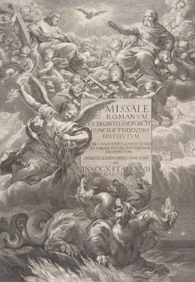La Santissima Trinità con San Michele che sconfigge un drago a sei teste, frontespizio di... da François Spierre