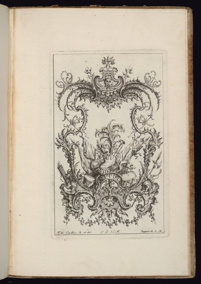 Cartiglio con Trofeo Araldico, Livre d’ornements (Libro di Ornamenti) da François de Cuvilliés the Elder