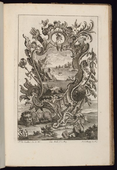 Cartiglio con carquois e leone, Livre de Cartouches Irréguliers (Libro di cartigli irregolari) da François de Cuvilliés the Elder