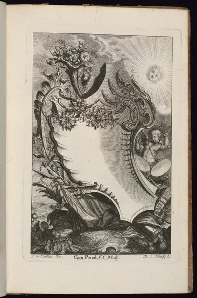 Cartouche con Cornucopia e Sole, Livre de Cartouches Irréguliers da François de Cuvilliés the Elder