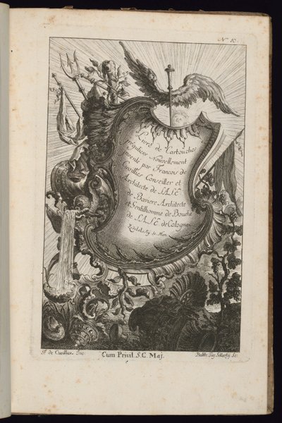 Cartiglio con il bastone di Mercurio, Livre de Cartouches Irréguliers (Libro di Cartigli Irregolari) da François de Cuvilliés the Elder