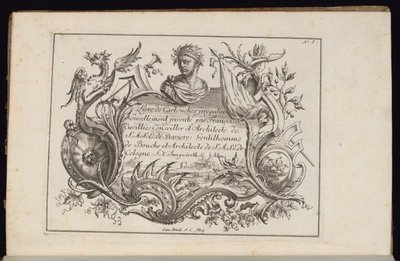 Cartouche con busto ritratto, libro di cartouches irregolari da François de Cuvilliés the Elder