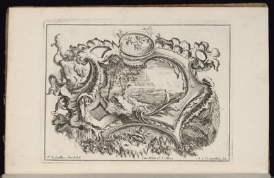 Cartiglio con putto che soffia una conchiglia, Livre de Cartouches Irréguliers (Libro di cartigli irregolari) da François de Cuvilliés the Elder
