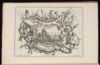 Cartiglio con Giovani Tritoni, Livre de Cartouches Irréguliers (Libro di Cartigli Irregolari) da François de Cuvilliés the Elder