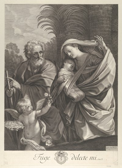 La fuga in Egitto, la Sacra Famiglia cammina insieme, San Giuseppe indica da François de Poilly