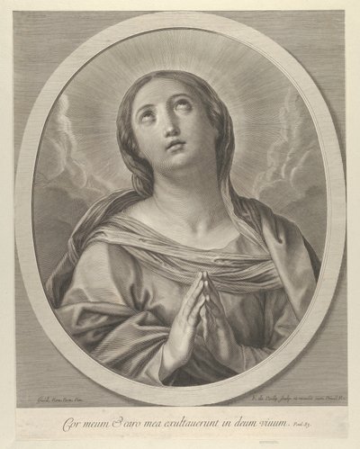 La Vergine in preghiera, guardando in alto con nuvole dietro di lei, in una cornice ovale, dopo Reni da François de Poilly