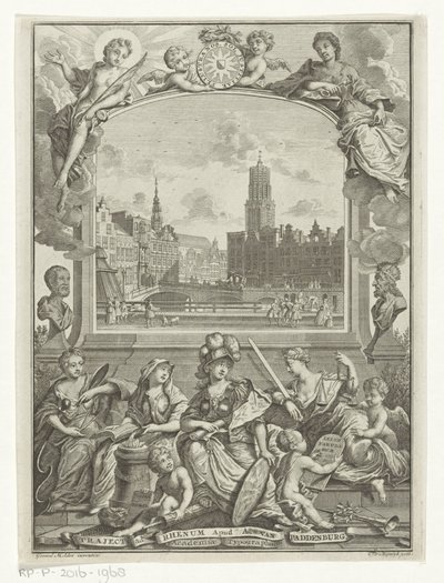 Veduta della città con la Cattedrale di Utrecht e allegoria con Minerva e virtù da François van Bleyswijck