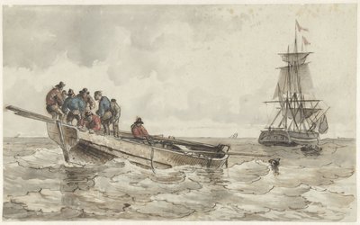 Otto uomini in una barca a remi vicino a una nave a vela da Frans Arnold Breuhaus de Groot