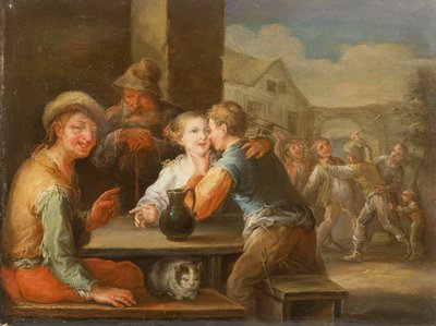 Un mendicante che ride di una coppia che corteggia da Frans Christoph Janneck