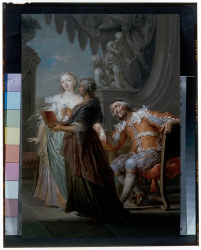 Una coppia elegante con una vecchia domestica in un interno da Frans Christoph Janneck