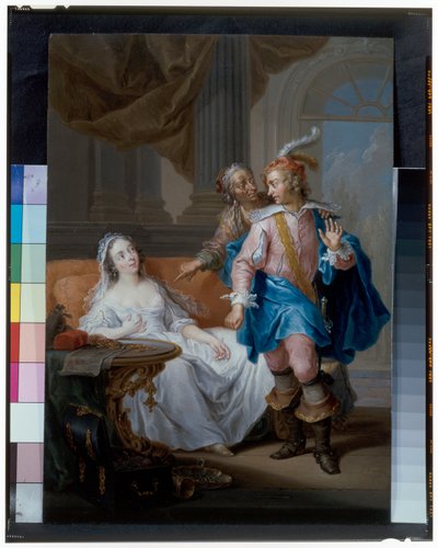 Una coppia elegante con una vecchia domestica in un interno da Frans Christoph Janneck