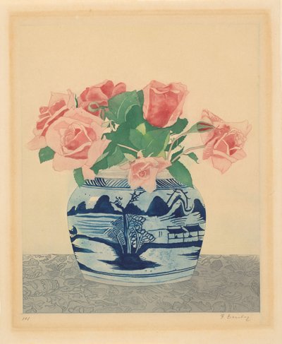 Rose rosa in un vaso di zenzero con decorazioni cinesi da Frans Everbag (signed by artist)