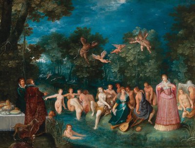 Diana e le sue ninfe che fanno il bagno, con una caccia al cervo sullo sfondo da Frans Francken the Younger