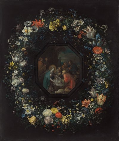 Ghirlanda di fiori con adorazione dei pastori da Frans Francken the Younger and Master HDB