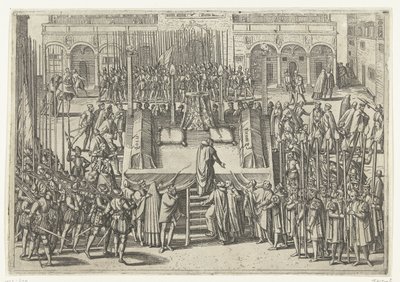 Il patibolo dopo la decapitazione di Egmond e Horne, 1568 da Frans Hogenberg (attributed to)