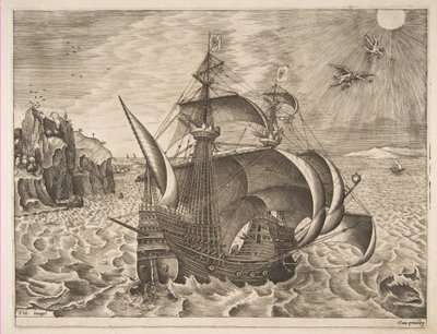 Tre alberi armati con Dedalo e Icaro nel cielo da Le navi a vela da Frans Huys