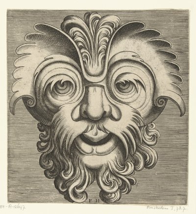 Maschera con barba e baffi ricci, un ciuffo di riccioli poggia sulla radice del naso da Frans Huys