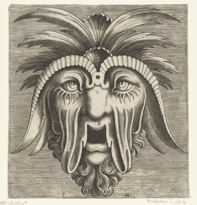 Maschera con bocca aperta, senza denti, guance cadenti e ciuffi sulla testa da Frans Huys