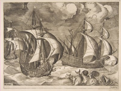 Tre caravelle in una tempesta crescente con Arione su un delfino da Le navi a vela da Frans Huys