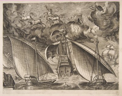 Due galee che navigano dietro un tre-alberi armato con Fetonte e Giove nel cielo da Frans Huys