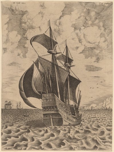 Veliero armato a quattro alberi verso un porto da Frans Huys after Pieter Bruegel the Elder