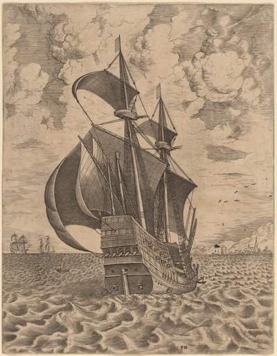 Quattro-alberi armato che naviga verso un porto da Frans Huys after Pieter Bruegel the Elder