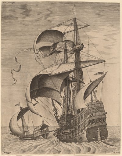 Tre-Master Armato in Mare Aperto, Accompagnato da una Galea da Frans Huys after Pieter Bruegel the Elder