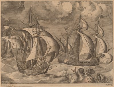 Tre caravelle in una tempesta crescente con Adrion su un delfino da Frans Huys after Pieter Bruegel the Elder