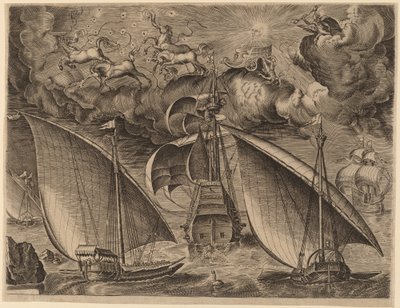 Due galee dietro un tre-alberi armato con Fetonte e Giove nel cielo da Frans Huys after Pieter Bruegel the Elder