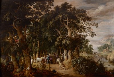 Una radura in un paesaggio boscoso con molti animali e Orfeo attaccato dalle donne trace da Frans II Francken