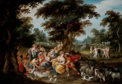 Arcadia: un paesaggio pastorale con pastori e pastorella che fanno un picnic da Frans II the Younger Francken