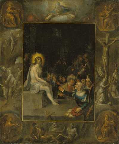 La derisione di Cristo, in una cornice grisaille che raffigura Dio Padre, gli Evangelisti, la Crocifissione, la Resurrezione e il Diavolo e la Morte con il Serpente Incoronato da Frans II the Younger Francken