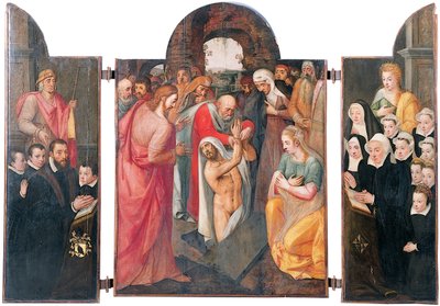 Trittico: la resurrezione di Lazzaro nel comparto centrale con un donatore maschio inginocchiato, presentato da San Giacomo e i suoi figli sull