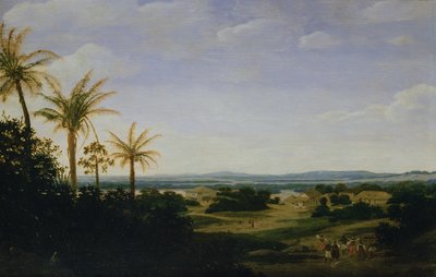 Paesaggio brasiliano con la residenza portoghese, la chiesa e la Casa Granda, il fiume Varzea oltre da Frans Post