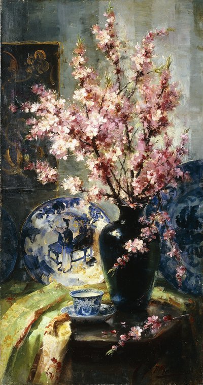 Fiori di Melo e Porcellana Blu e Bianca su un Tavolo da Frans Mortelmans