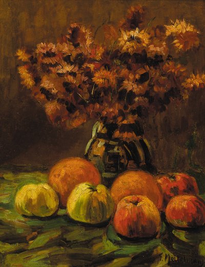 Mele, arance e un vaso di fiori su un tavolo da Frans Mortelmans