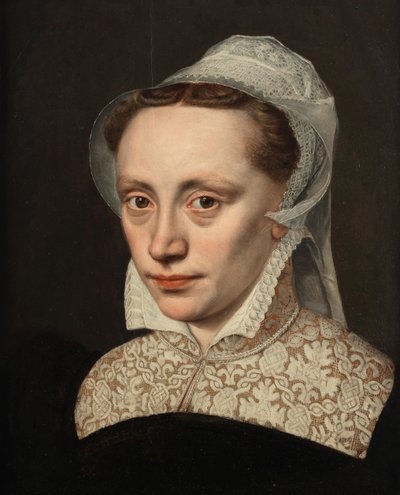 Ritratto di signora, a busto nudo, in costume nero con colletto e copricapo di pizzo bianco da Frans Pourbus the Elder