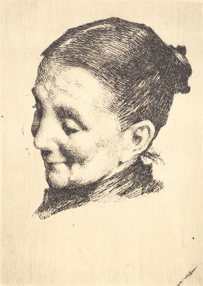 Testa di una vecchia donna con lo sguardo rivolto verso il basso, girata a sinistra da Frans Schwartz
